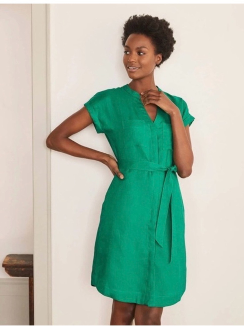 Boden Emerald Evie Linen Short-Sleeve Belted Midi Dress